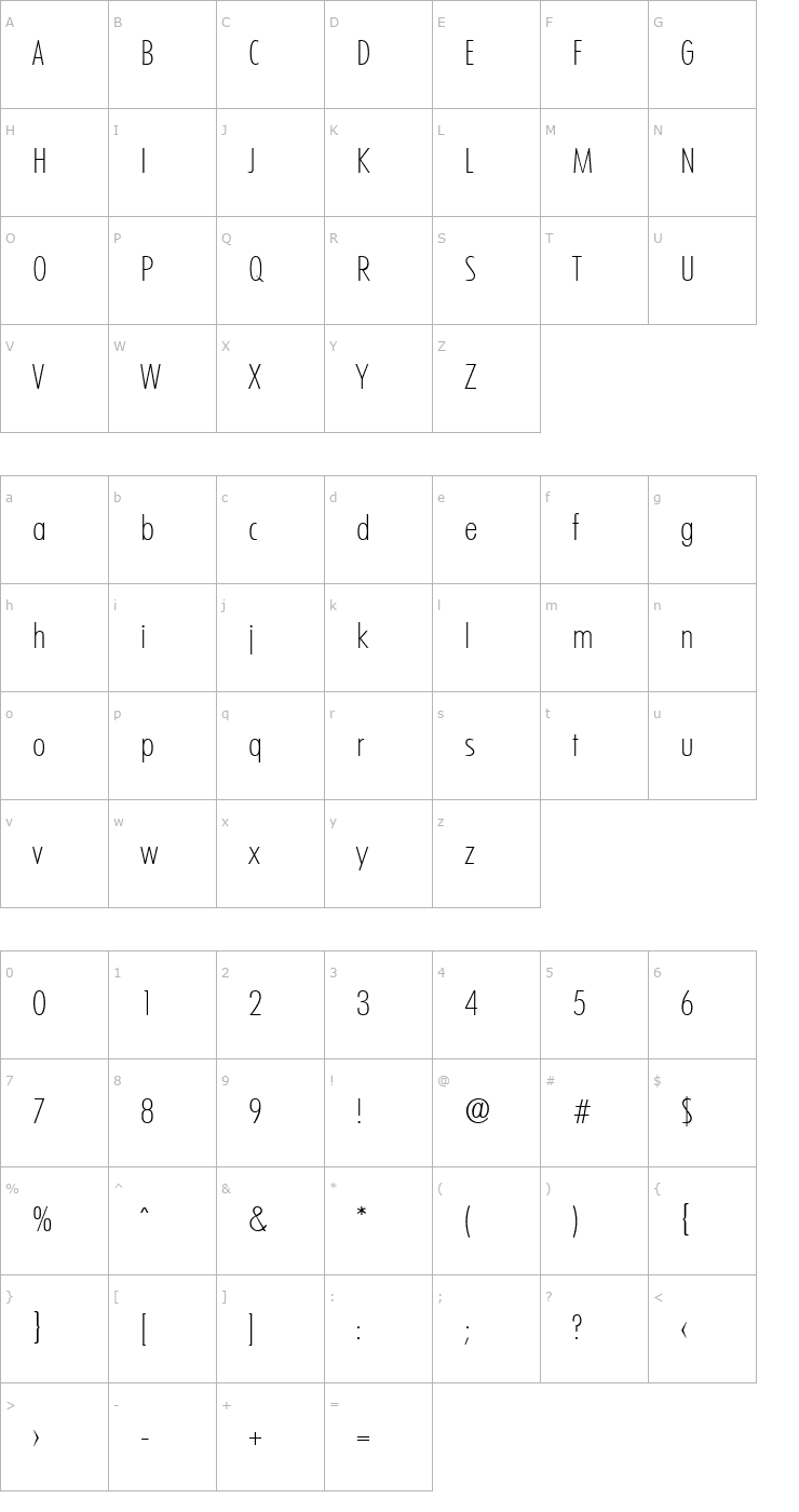 Character Map LimerickCond-Serial-ExtraLight-Regular Font
