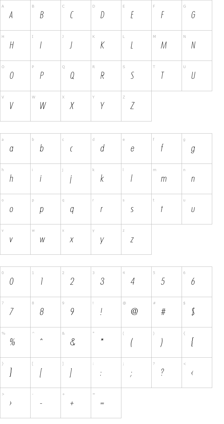 Character Map LimerickCond-Serial-ExtraLight-RegularItalic Font