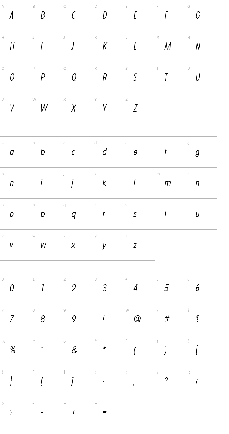 Character Map LimerickCond-Serial-Light-RegularItalic Font