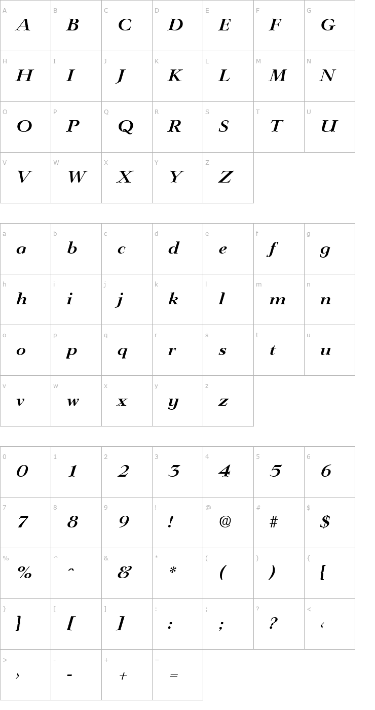 Character Map Lingwood-DemiBoldIta Font