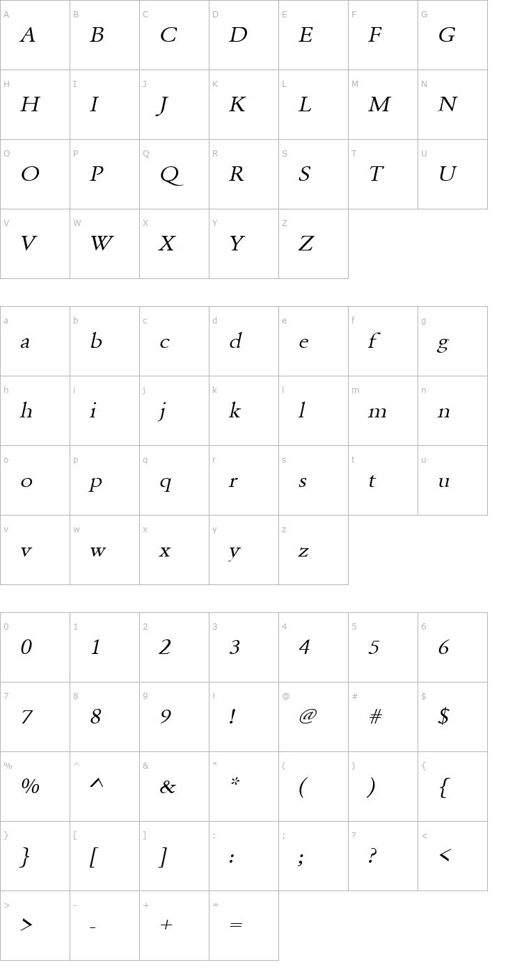 Character Map LionelBeckerExtended Italic Font