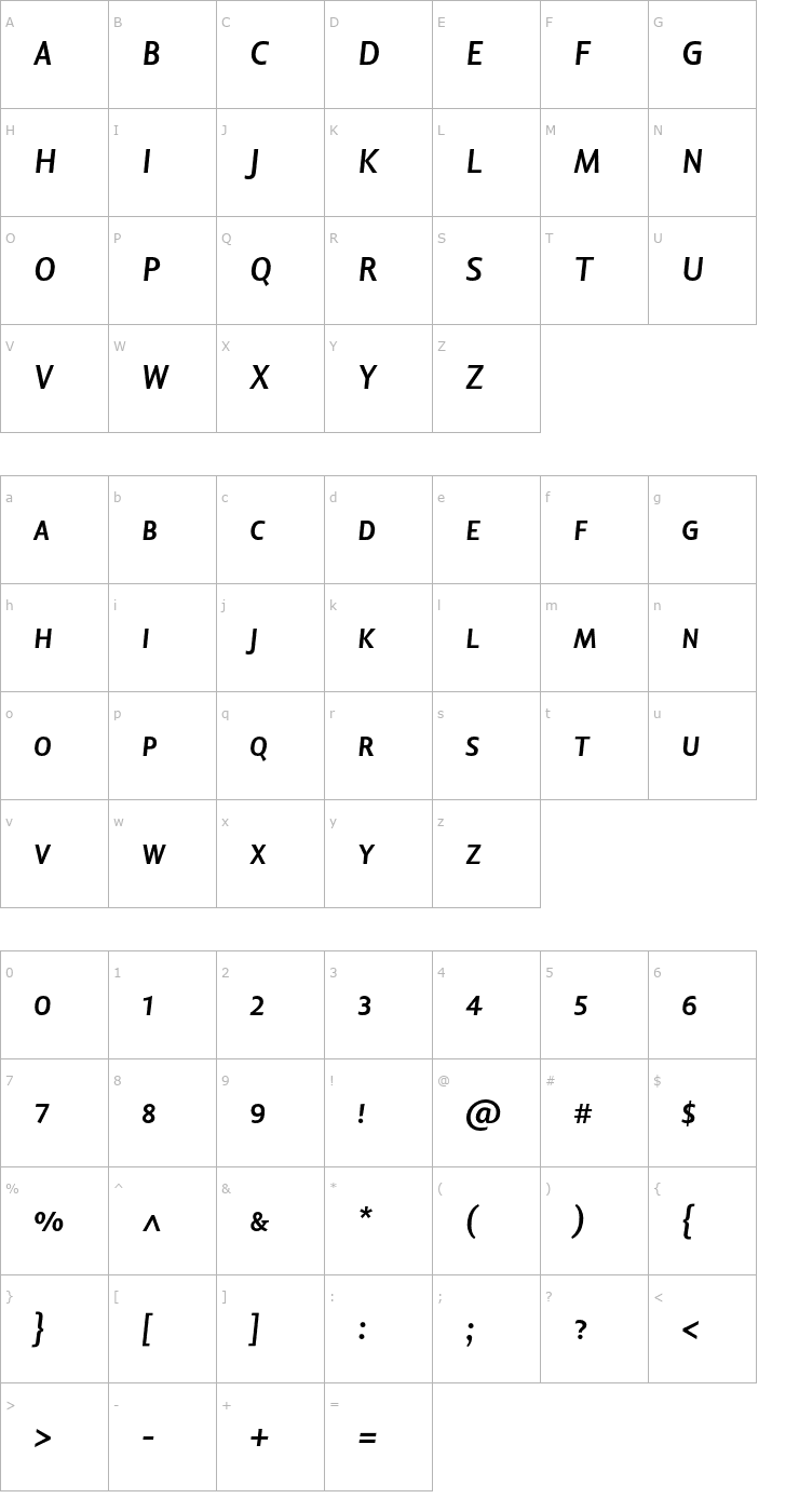 Character Map LisboaSansSC-BoldItalic Font