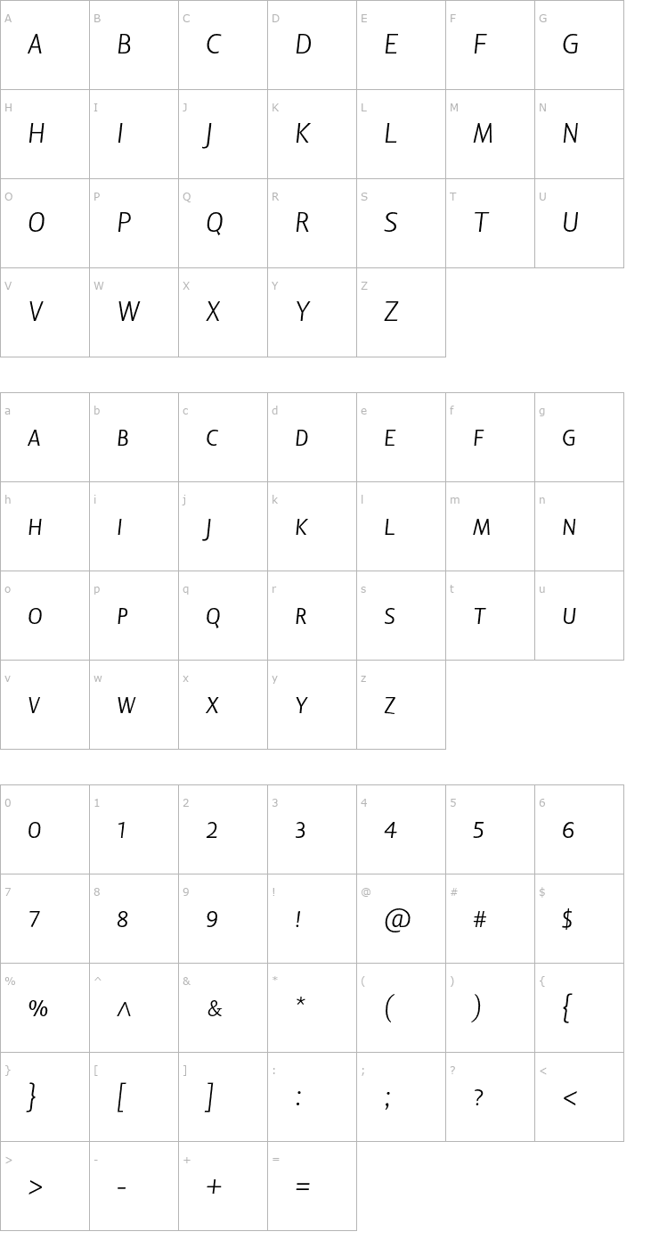 Character Map LisboaSansSCLight-Italic Font