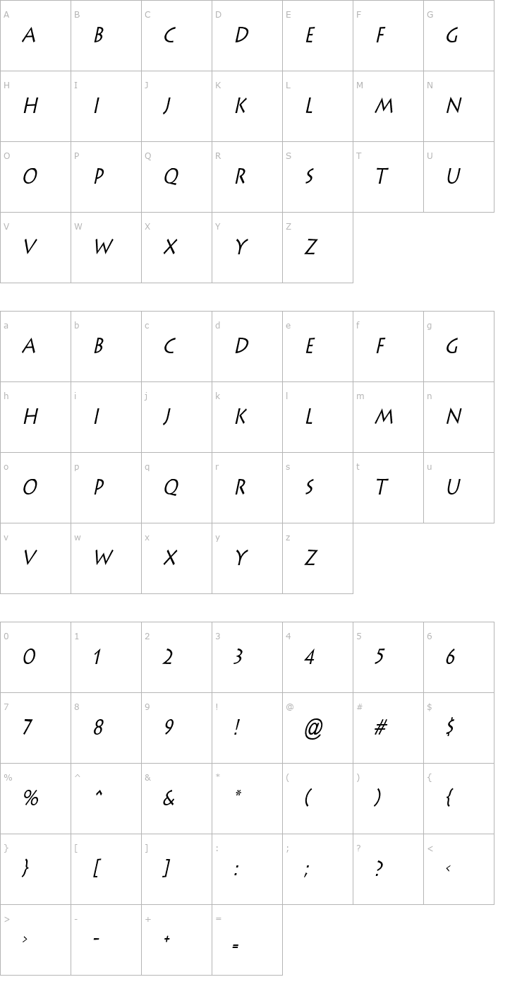 Character Map Liste Condensed Italic Font