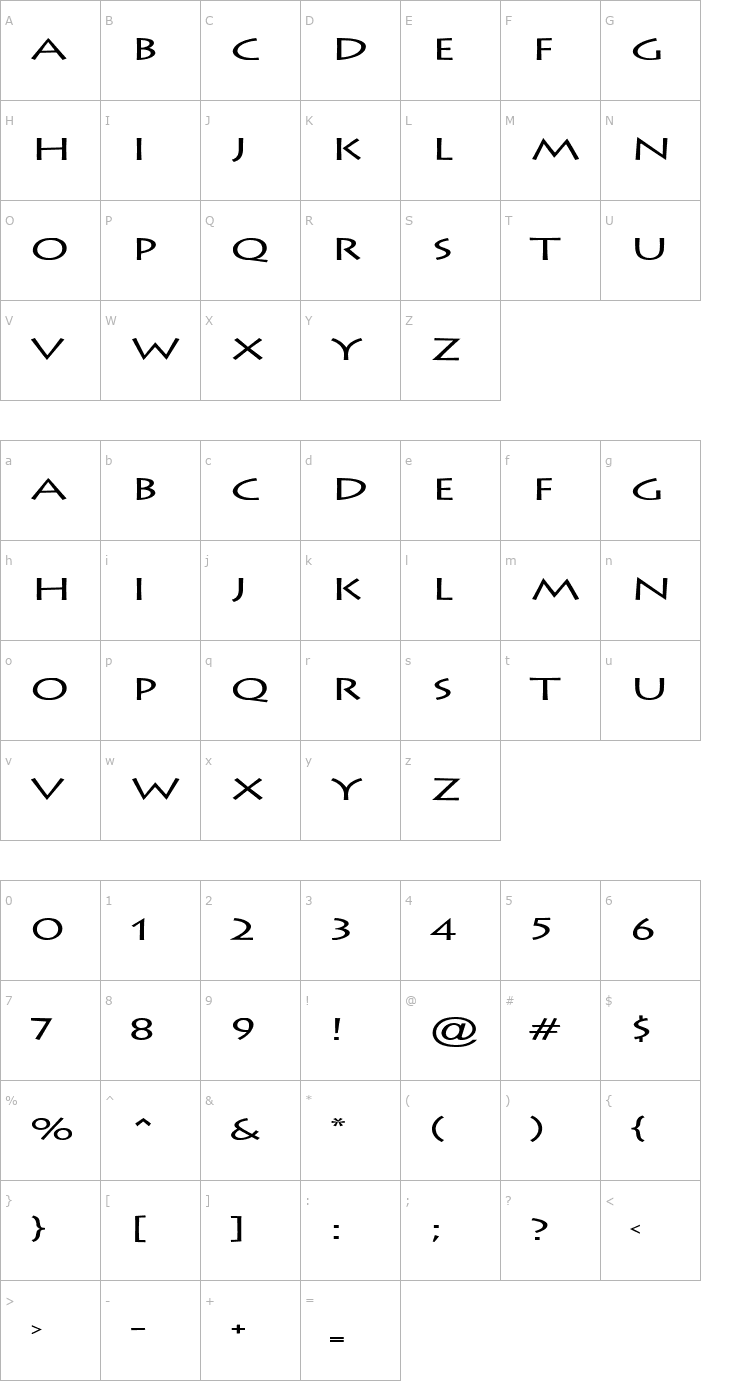 Character Map Liste Extended Normal Font