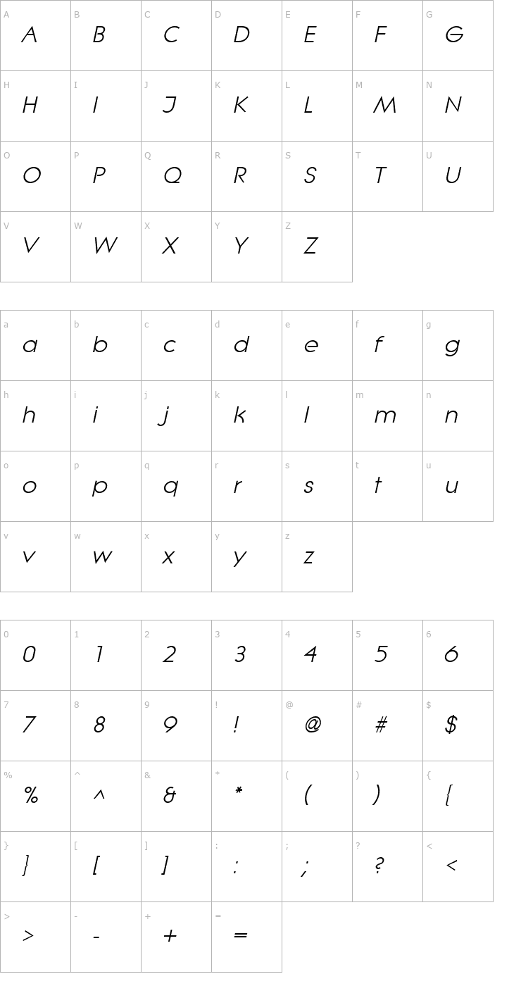 Character Map Lithe Italic Font