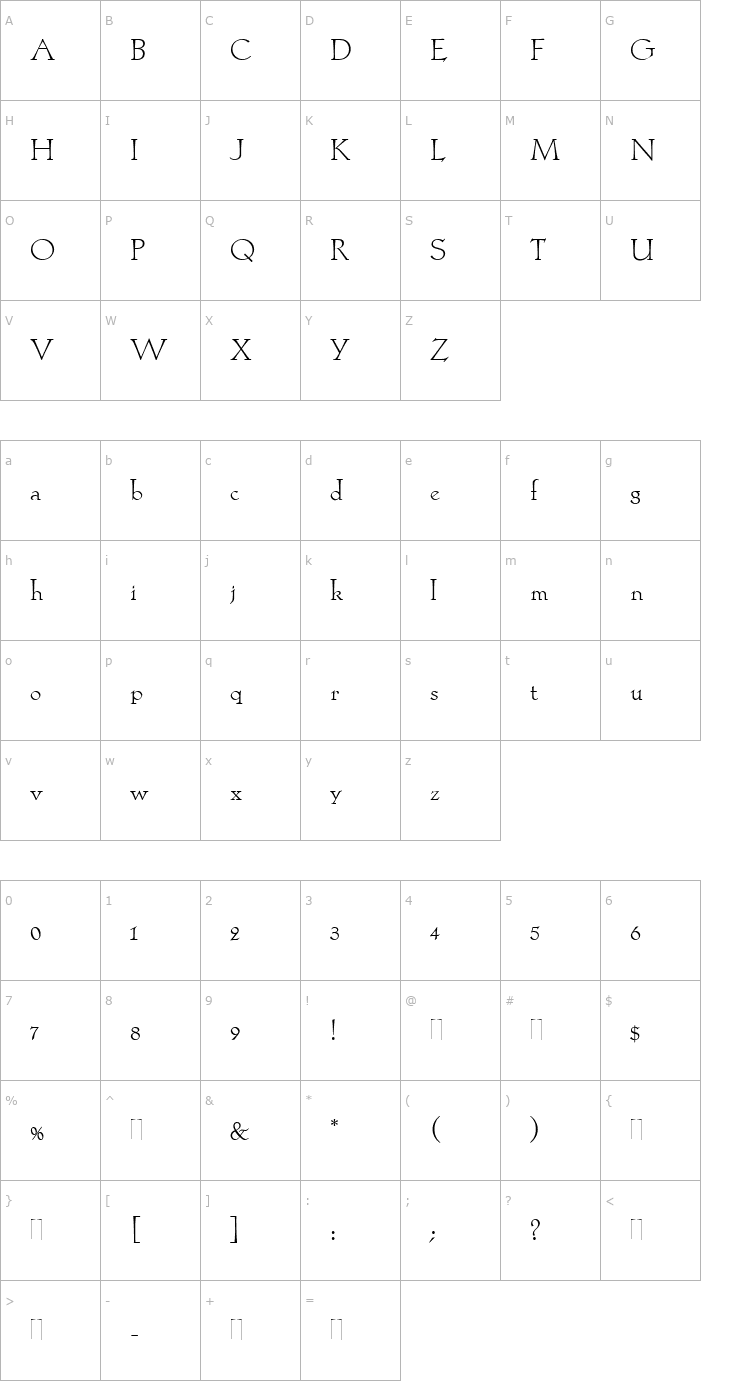 Character Map Locarno Light Plain Font