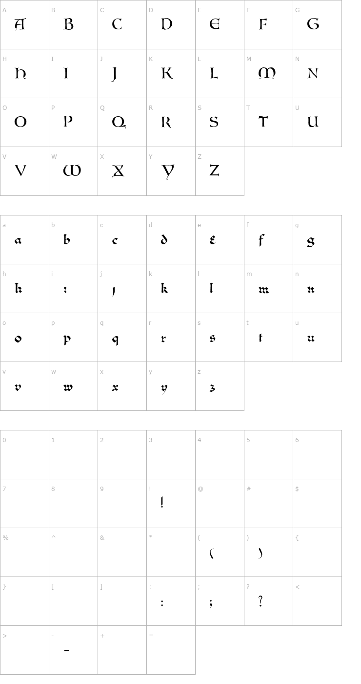 Character Map Lombardic SimpleScript Font