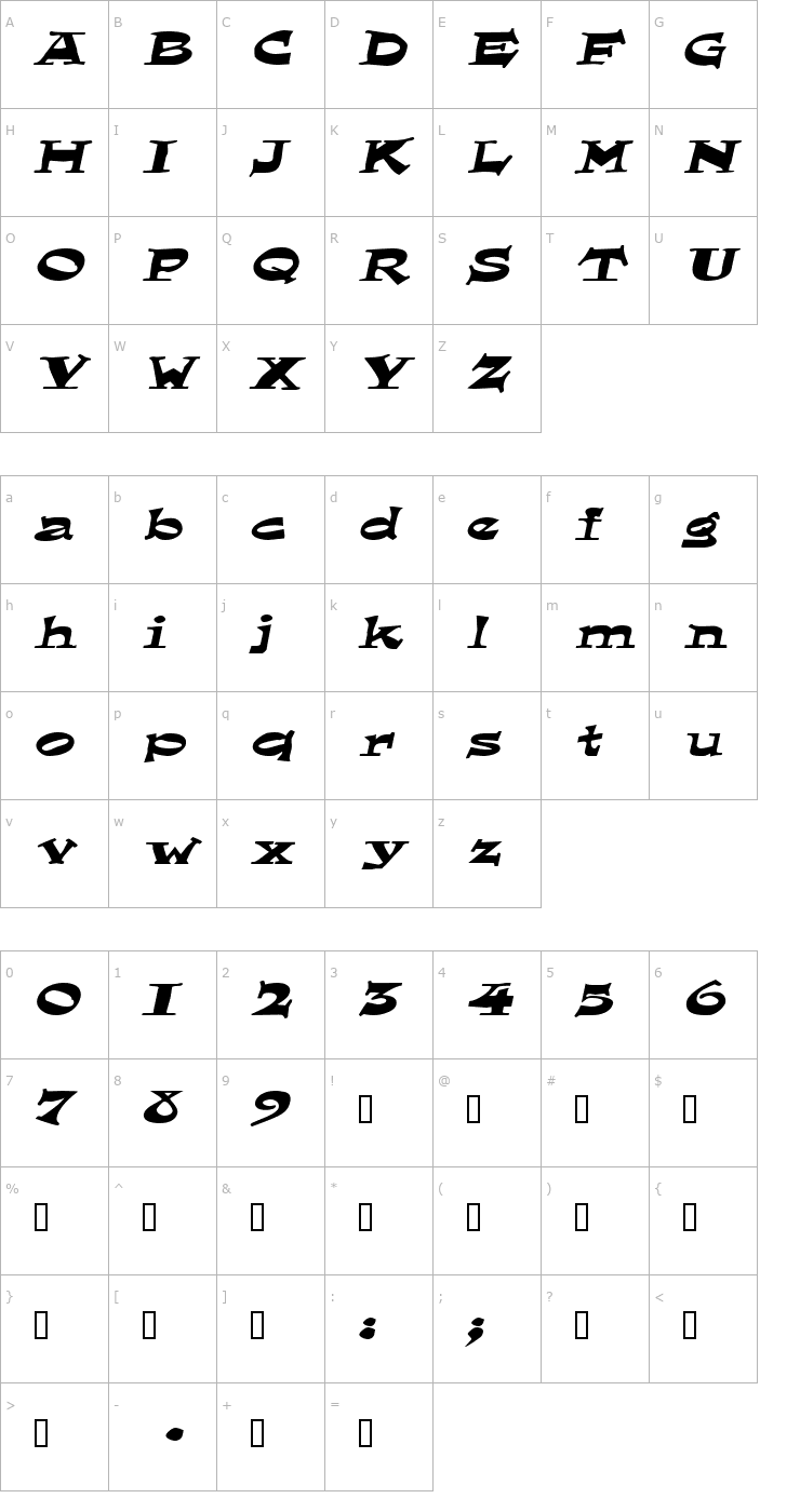 Character Map LoungerExtended Oblique Font