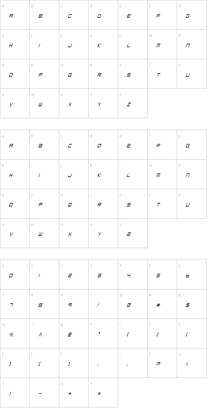 Character Map Low Gun Screen Condensed Italic Font