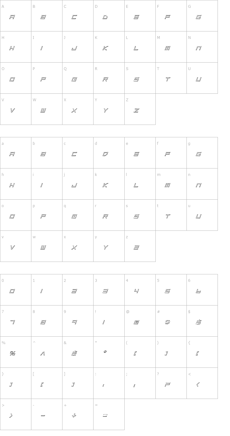 Character Map Low Gun Screen Outline Italic Font