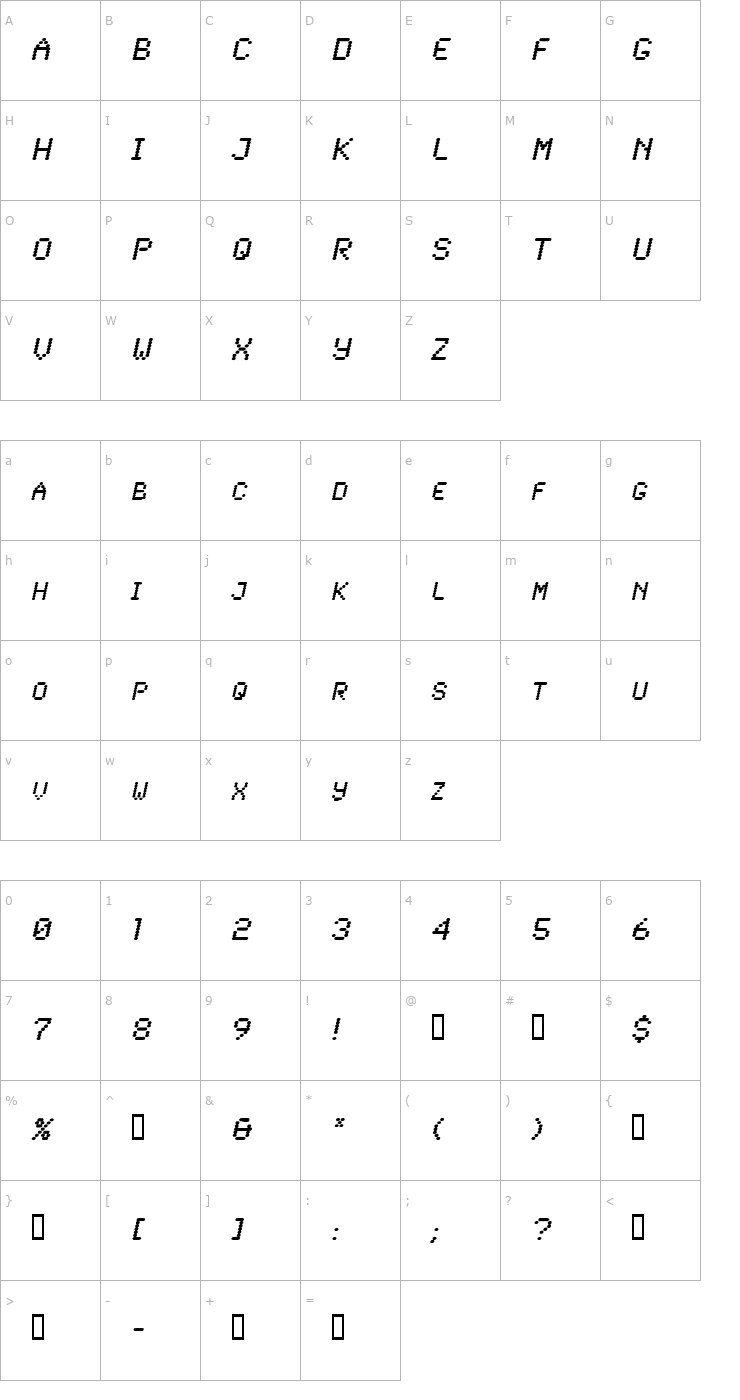 Character Map Lowtech Oblique Font