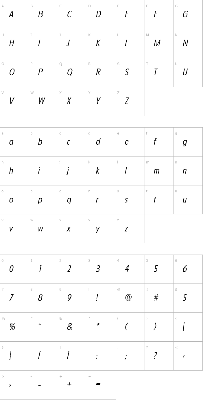 Character Map LuisBecker-Light Italic Font