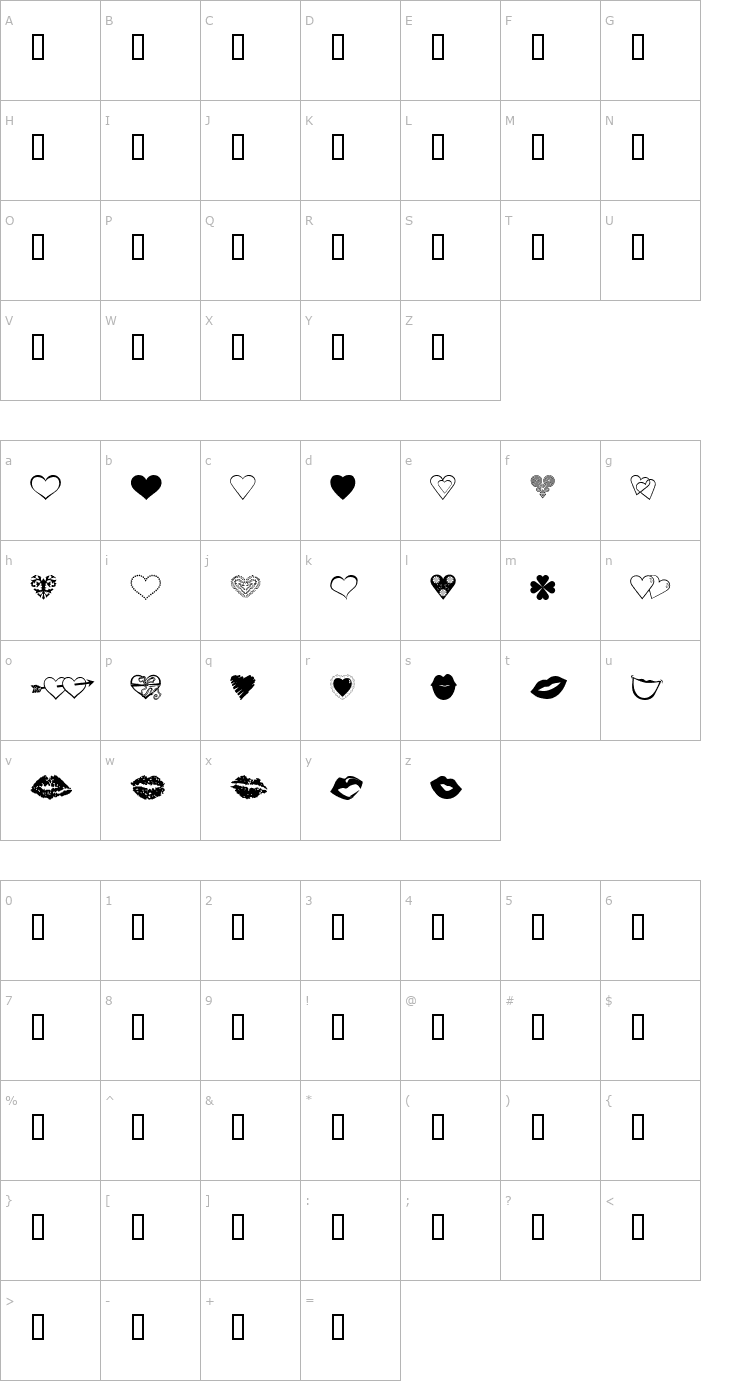 Character Map luv n kisses Font