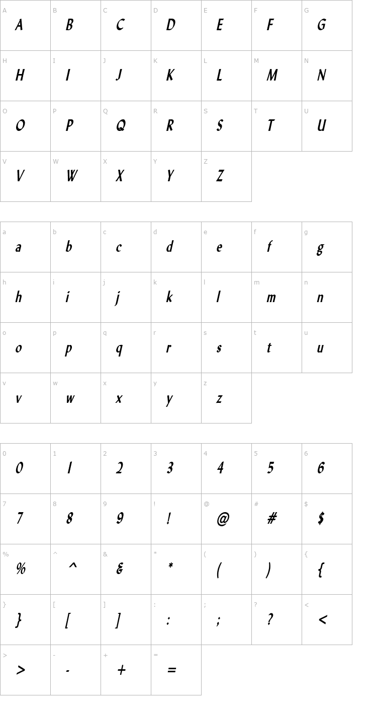 Character Map Lynda Thin Bold Italic Font