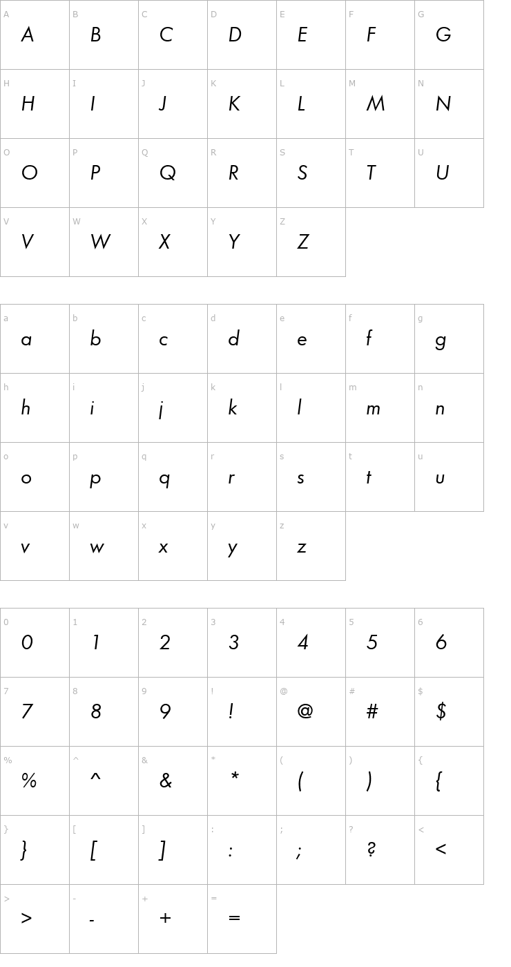 Character Map Mañana Italic Font