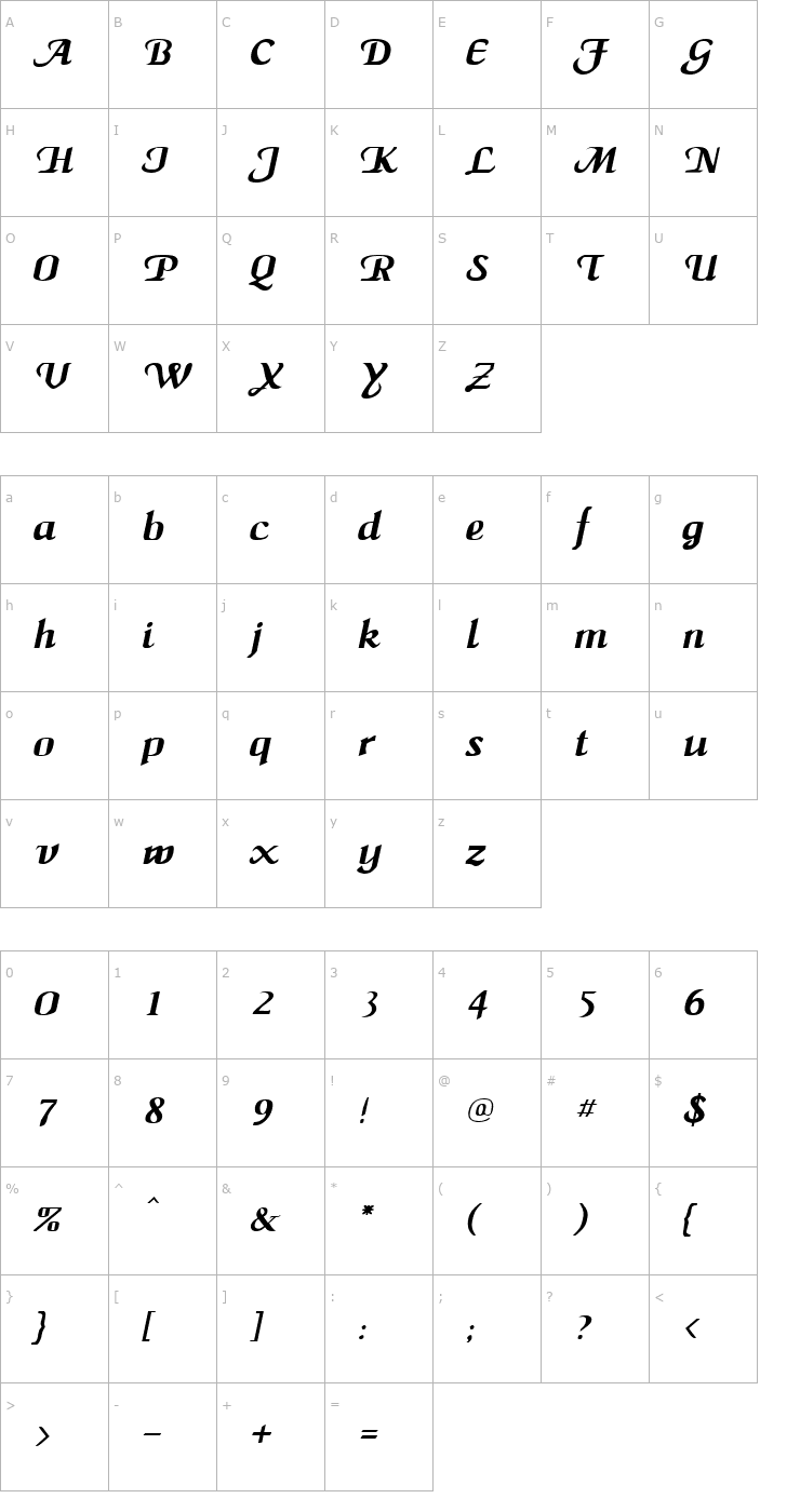 Character Map MaidenWord Italic Font