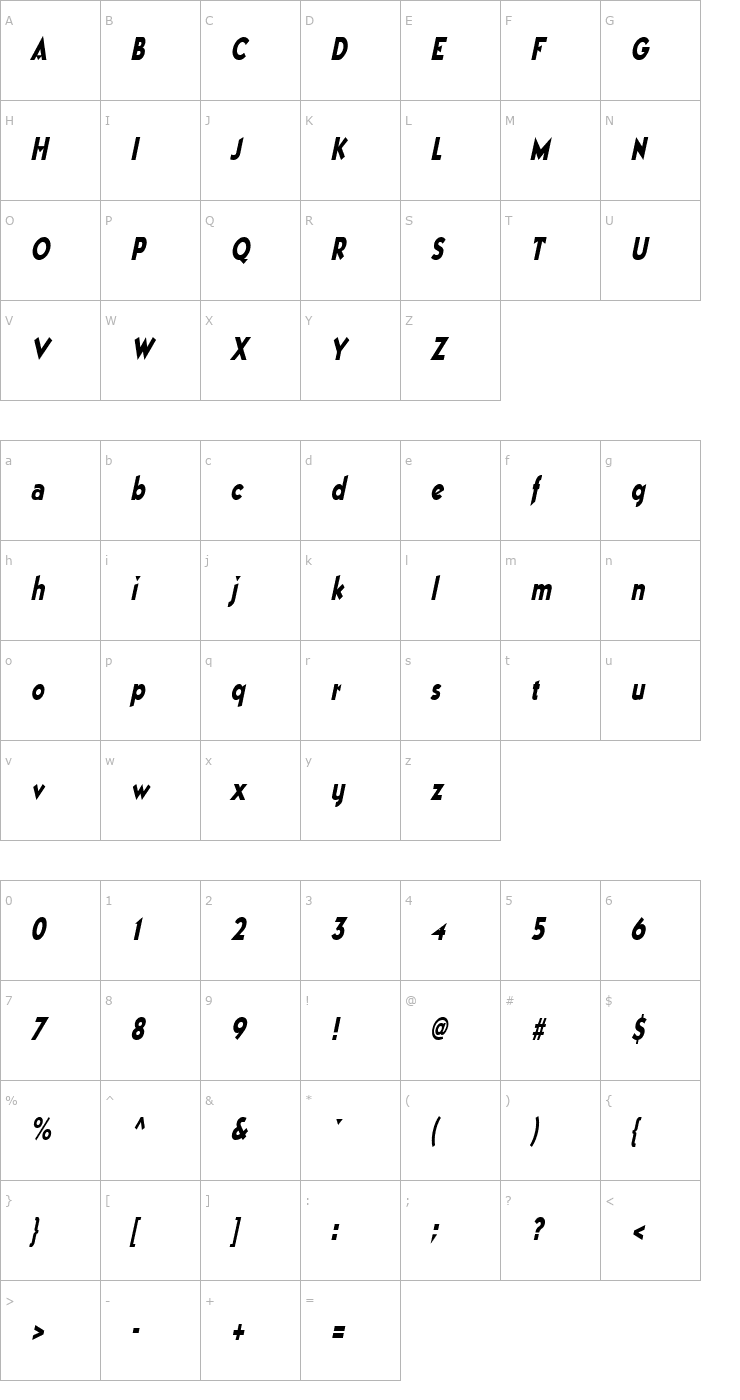 Character Map ManhattanCondensed Italic Font