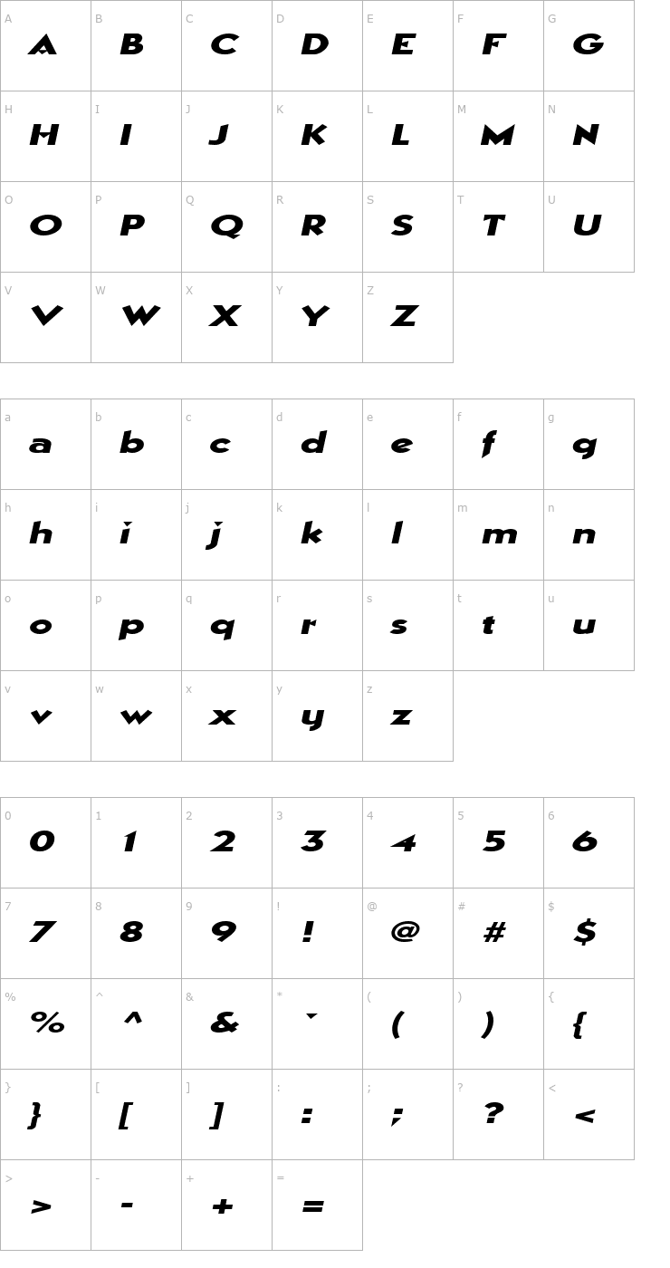 Character Map ManhattanExtended Italic Font
