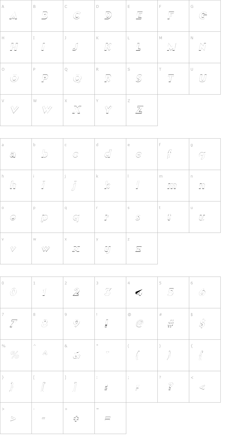 Character Map ManhattanOutline Italic Font