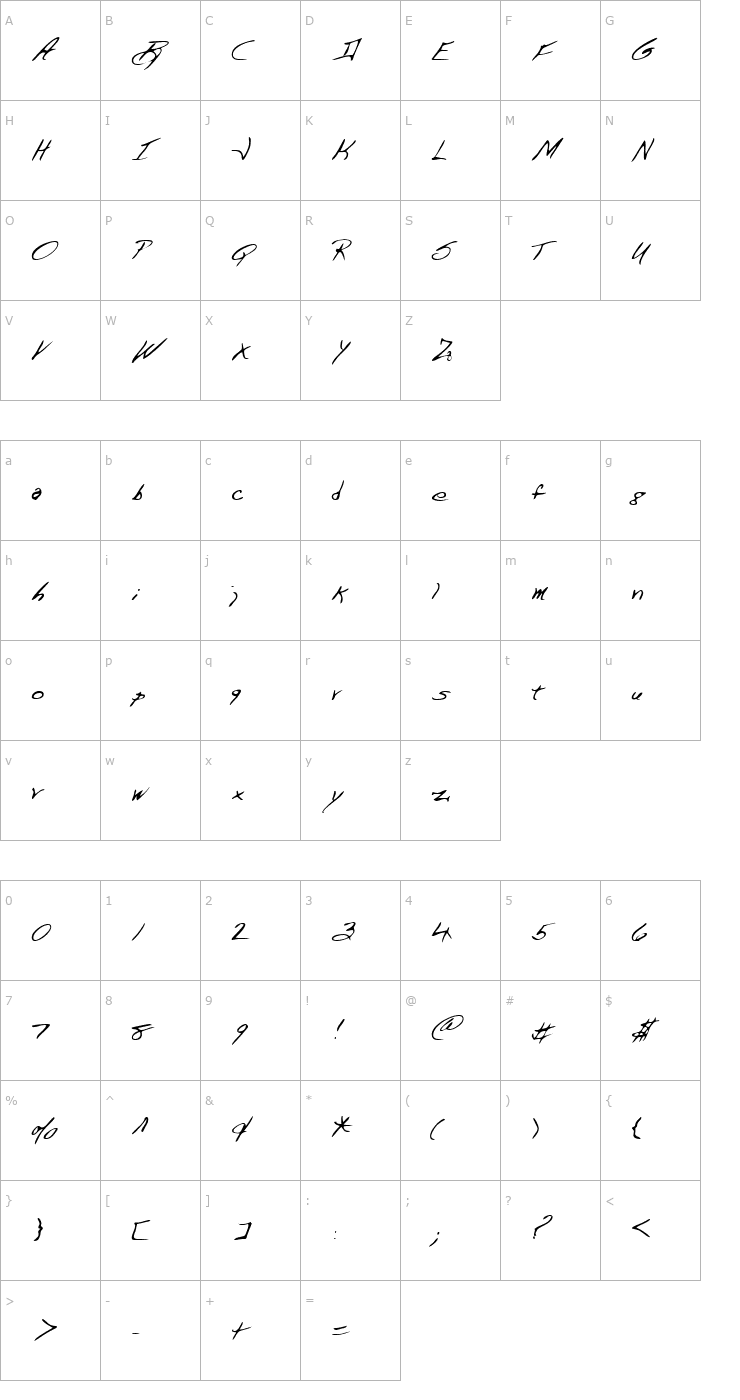 Character Map MannysHand Regular Font