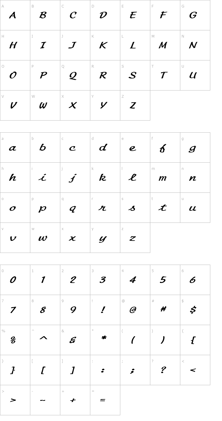 Character Map Manuscript Extended BoldItalic Font