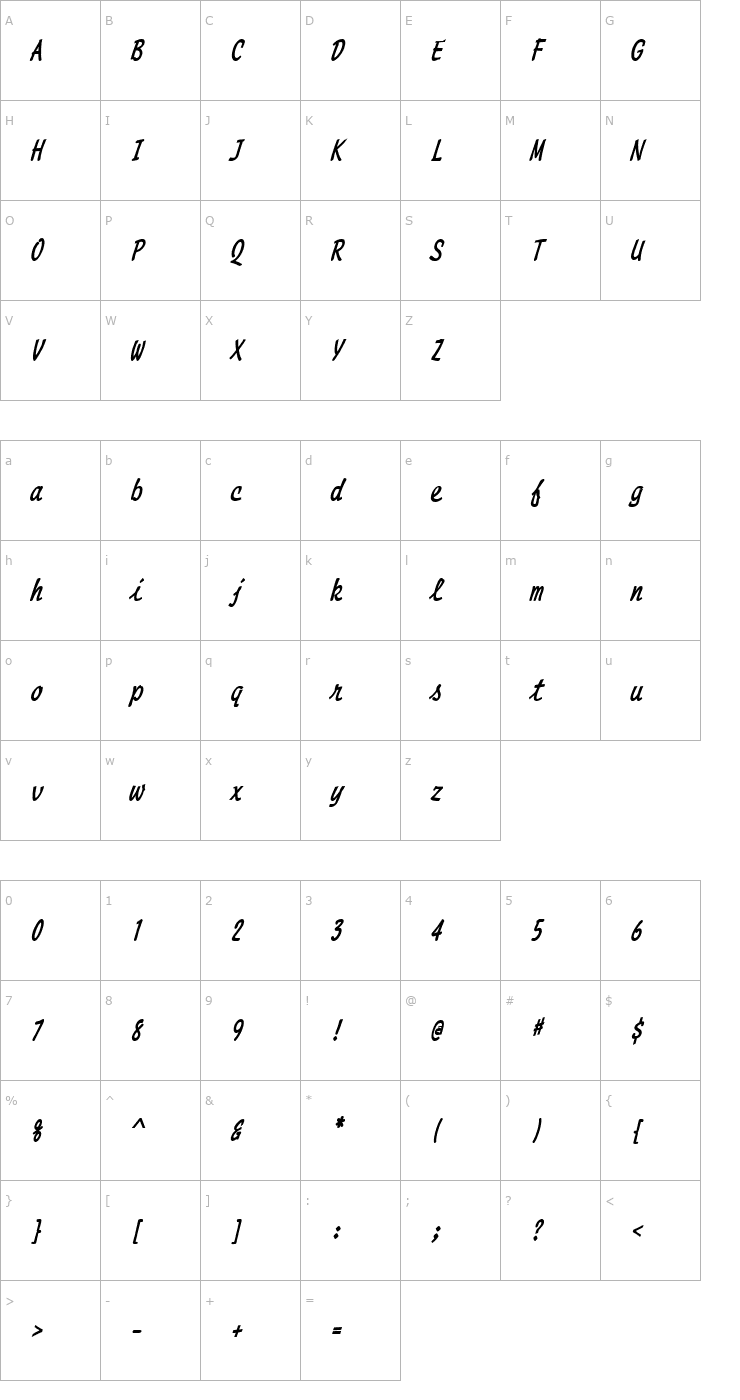 Character Map Manuscript Thin BoldItalic Font