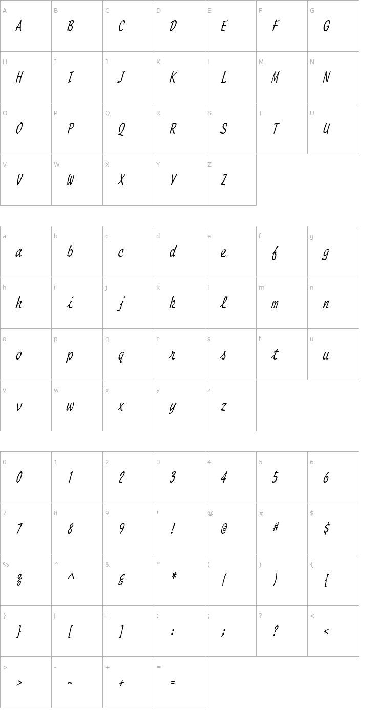 Character Map Manuscript Thin Italic Font