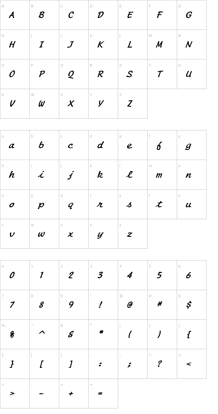 Character Map Manuscript Wide BoldItalic Font