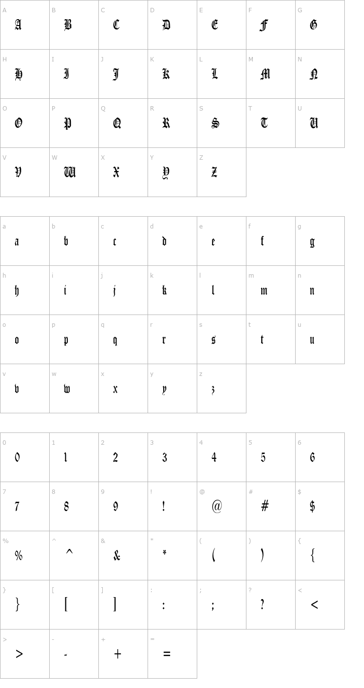 Character Map ManuscriptCondensed Font