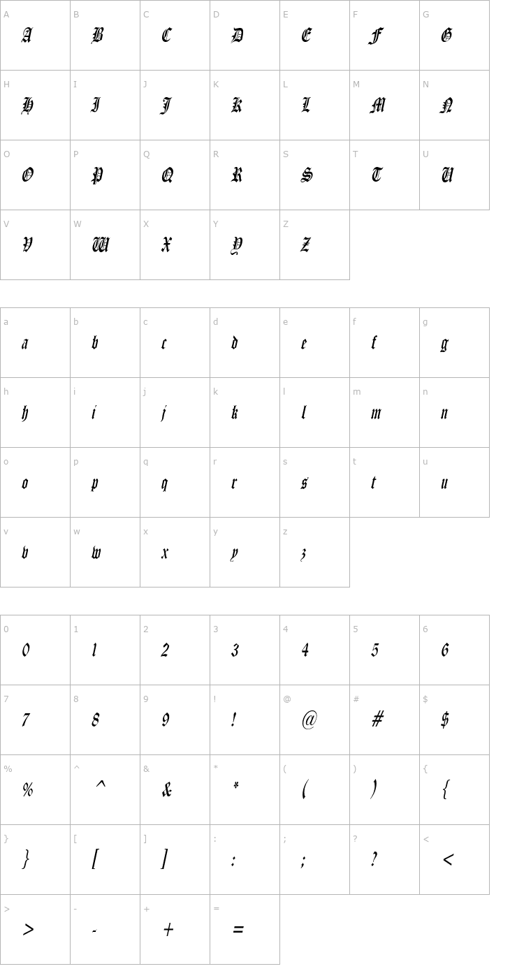 Character Map ManuscriptCondensed Italic Font