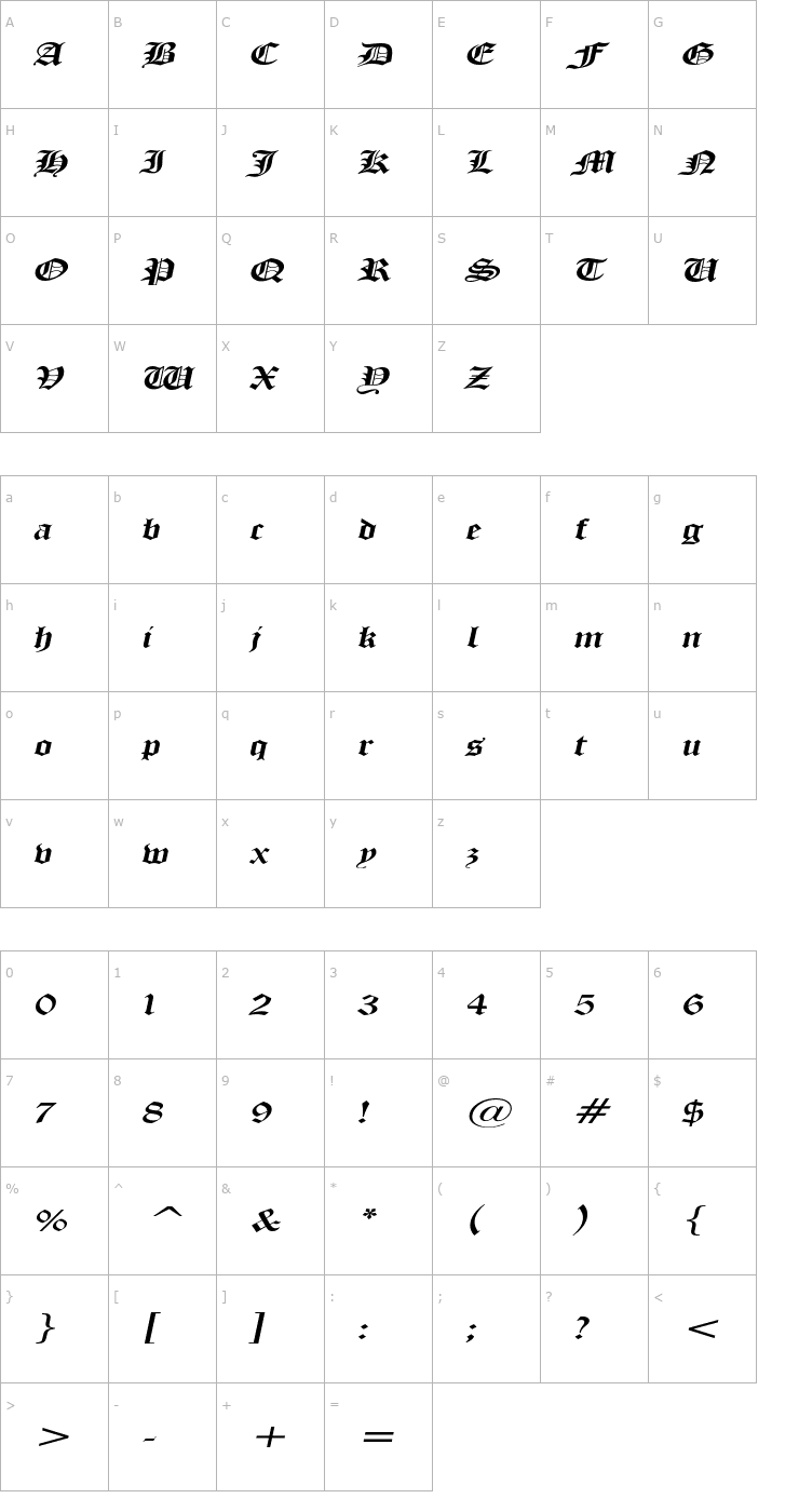 Character Map ManuscriptExtended Italic Font