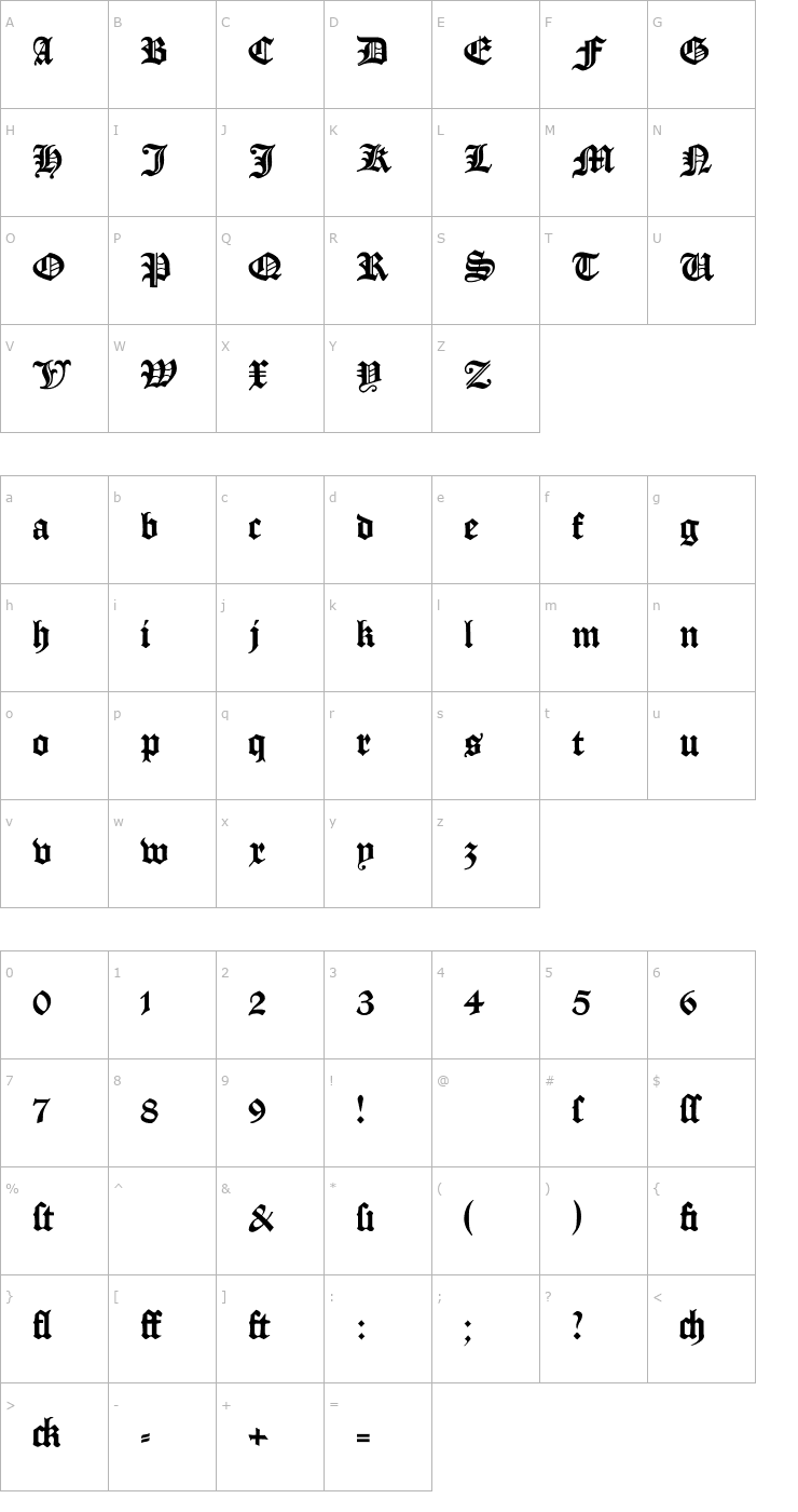 Character Map Manuskript Gotisch Font