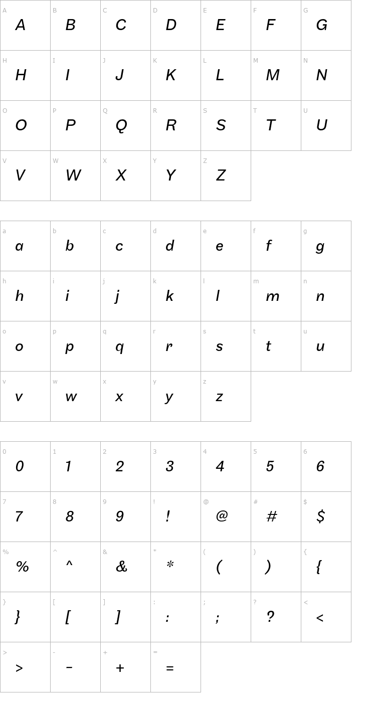 Character Map Maple-RegularItalic Font