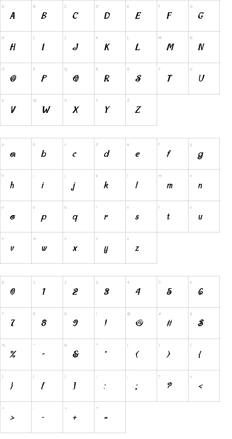 Character Map Maraca Extrabold Italic Font