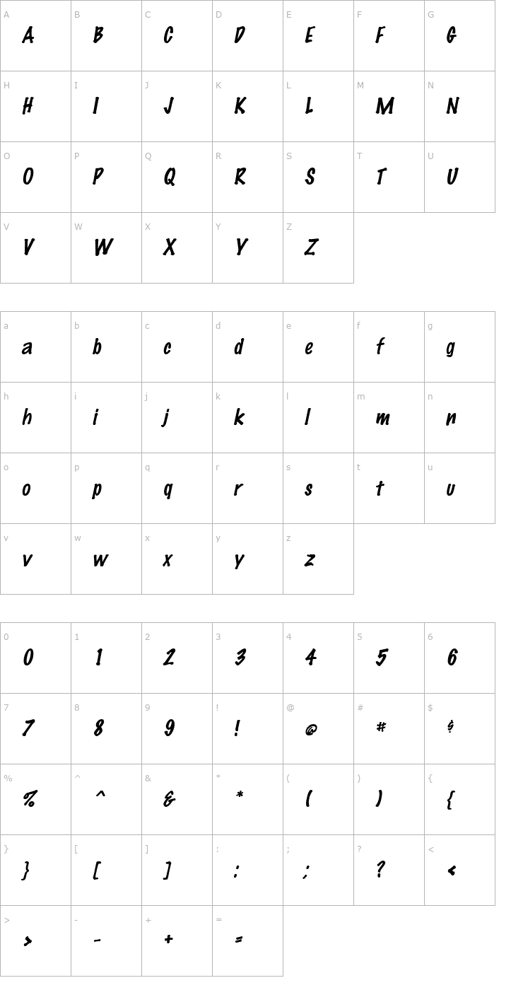 Character Map MarkingPen Italic Font