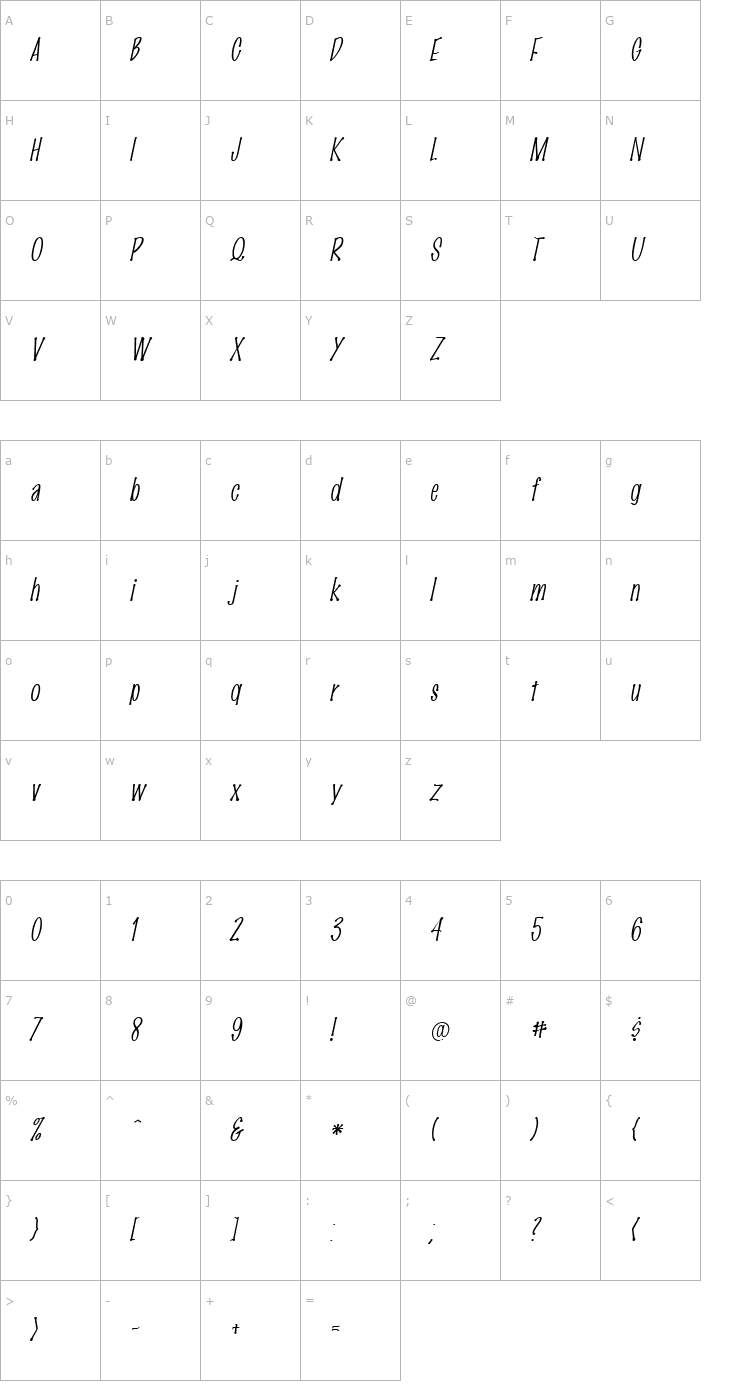 Character Map MarkingPen-Thin Italic Font