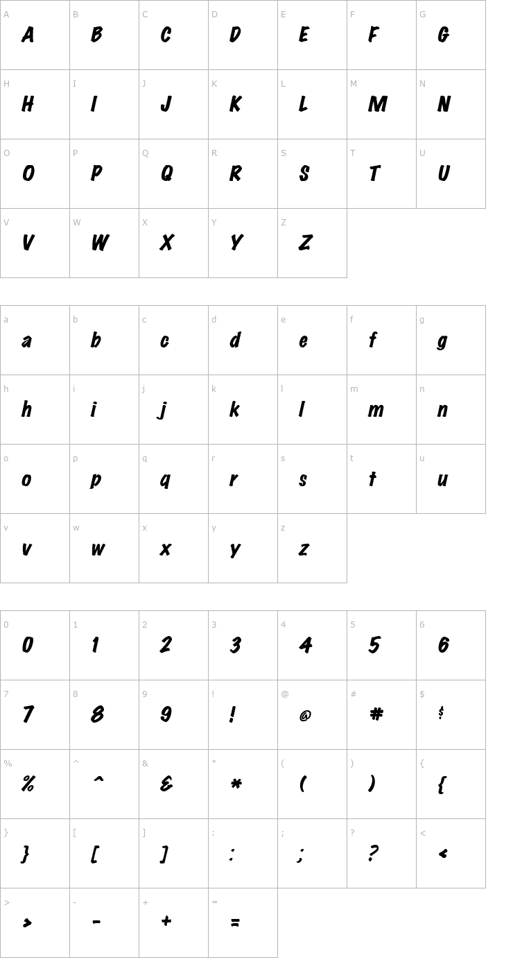 Character Map MarkingPenHeavy Italic Font