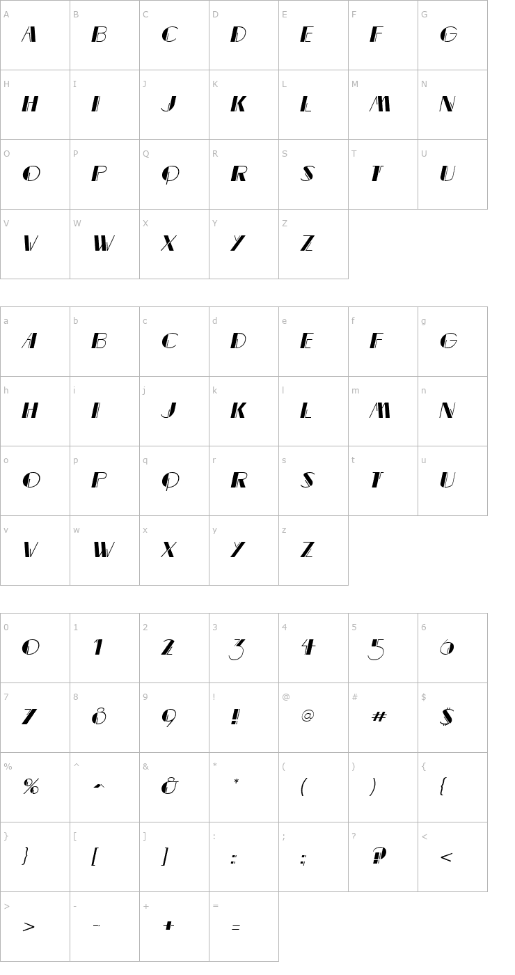 Character Map MarqueeMieux Italic Font