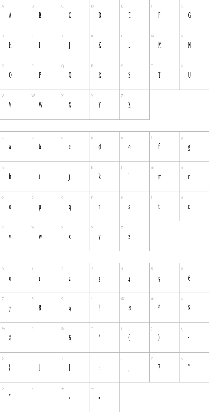 Character Map Matrix-Narrow Font