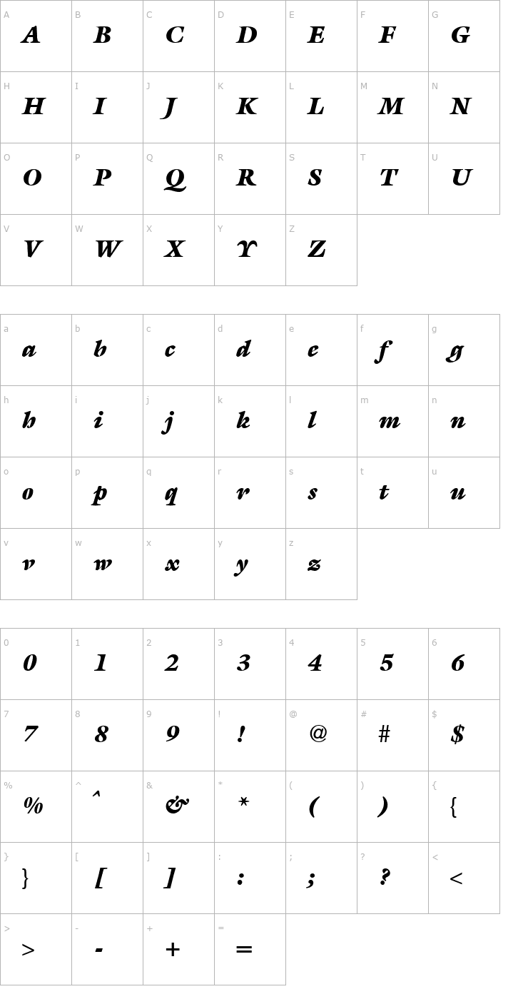 Character Map MatthewUltra-RegularItalic Font