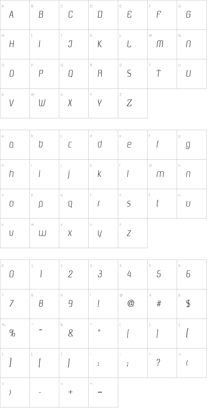 Character Map MaxBecker-ExtraLight Italic Font