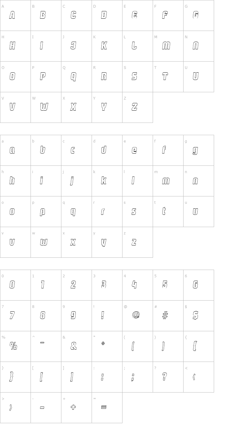 Character Map MaxBeckerOutline-ExtraBold-Italic Font