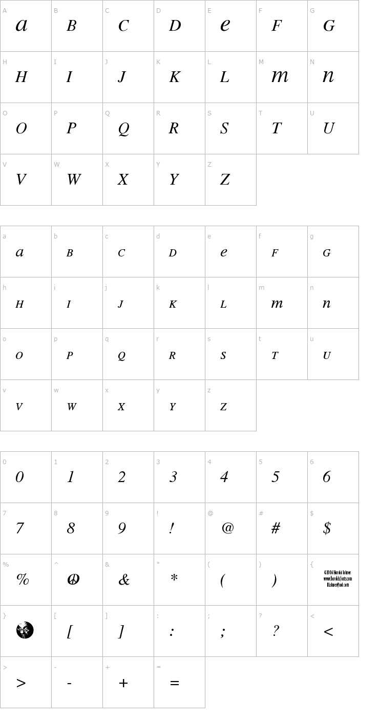 Character Map MEAN 26 Italic Font