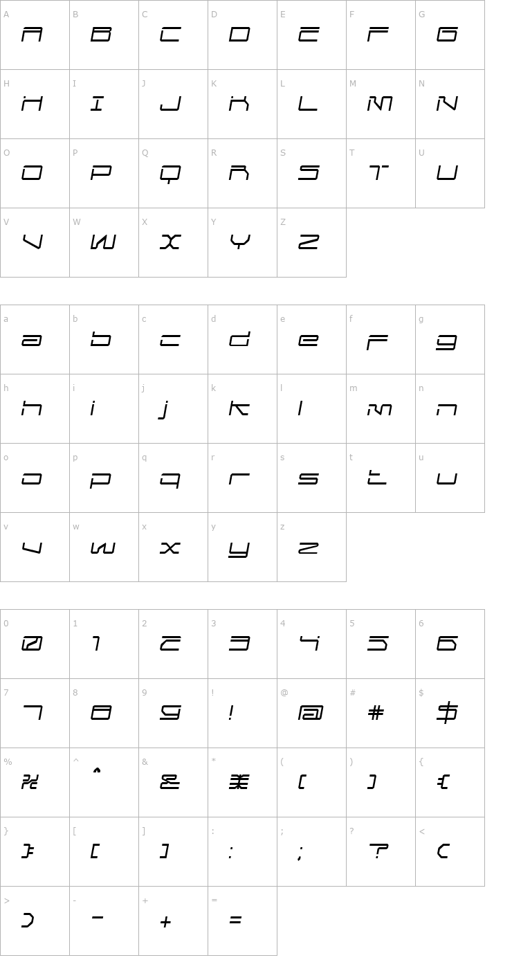 Character Map MechwarThin Oblique Font