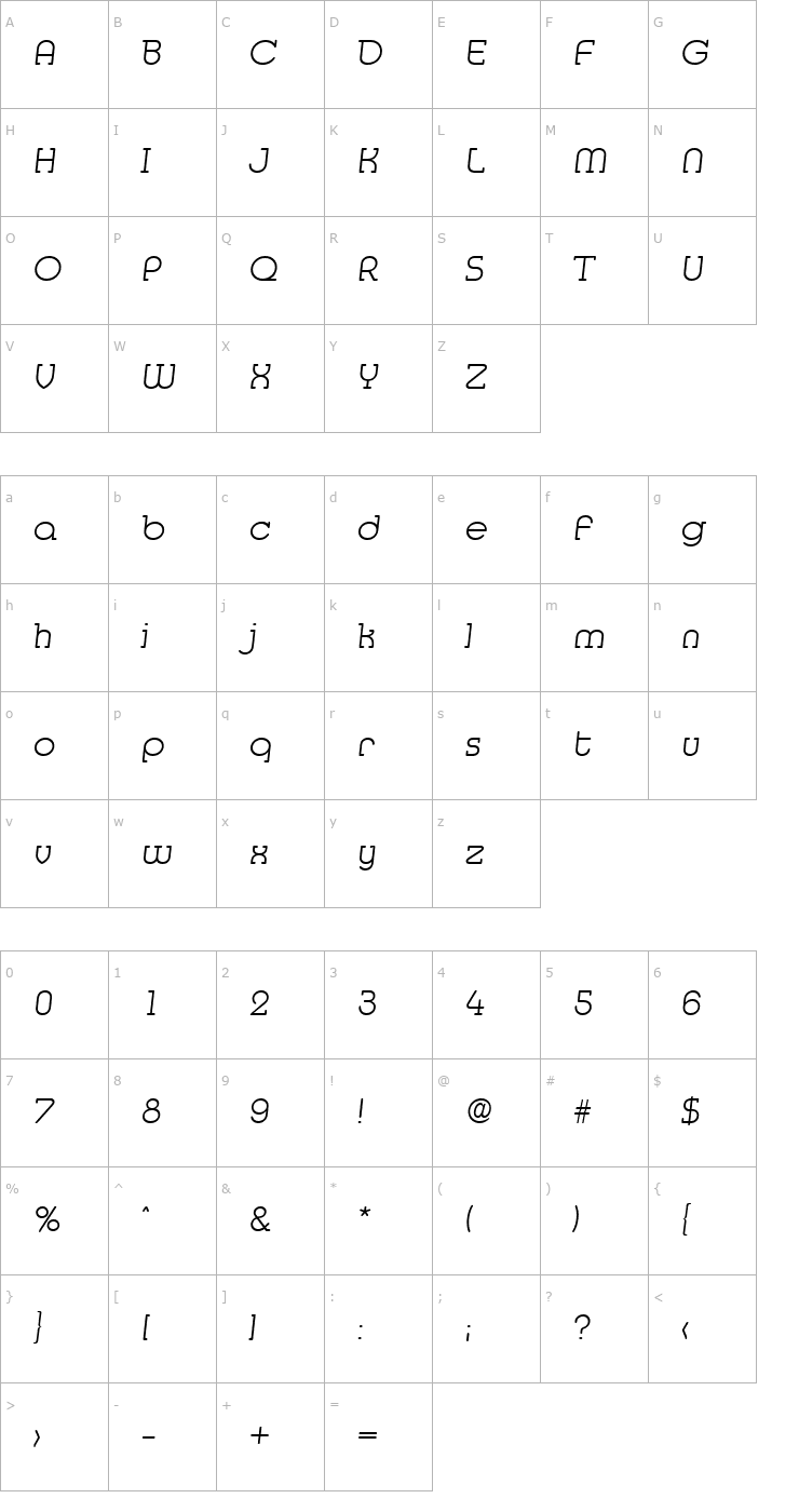 Character Map Media-Serial-ExtraLight-RegularItalic Font