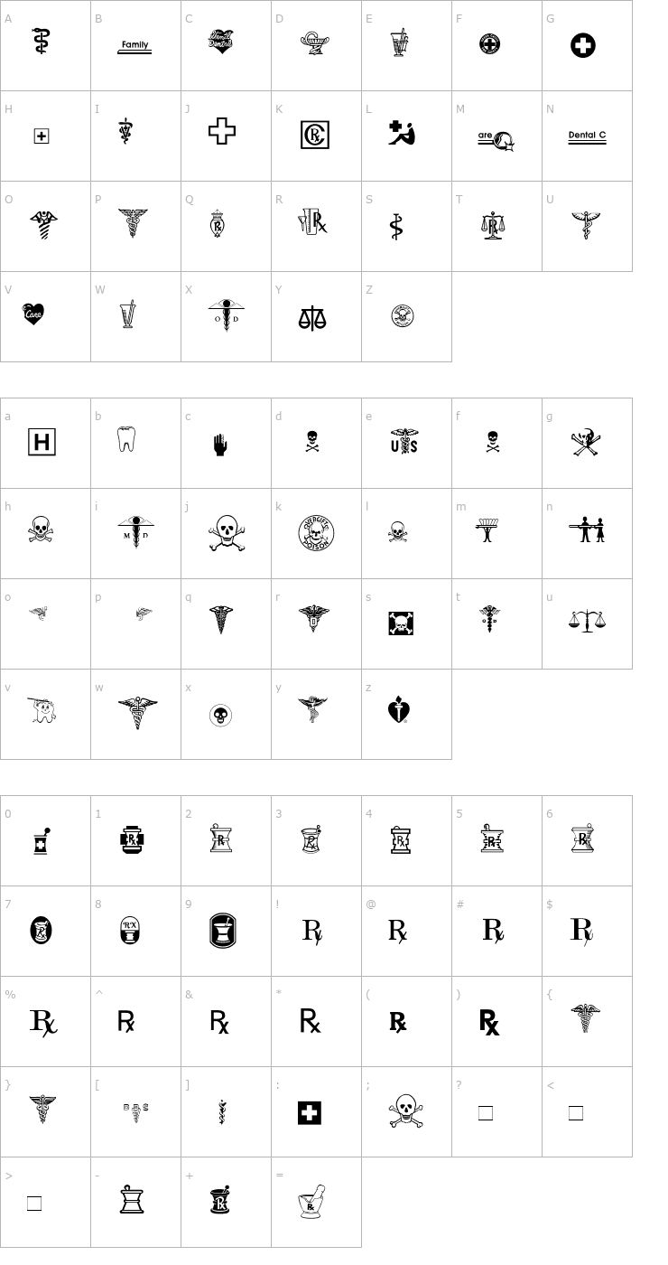 Character Map MedicalPharmaceuticalP01 Font