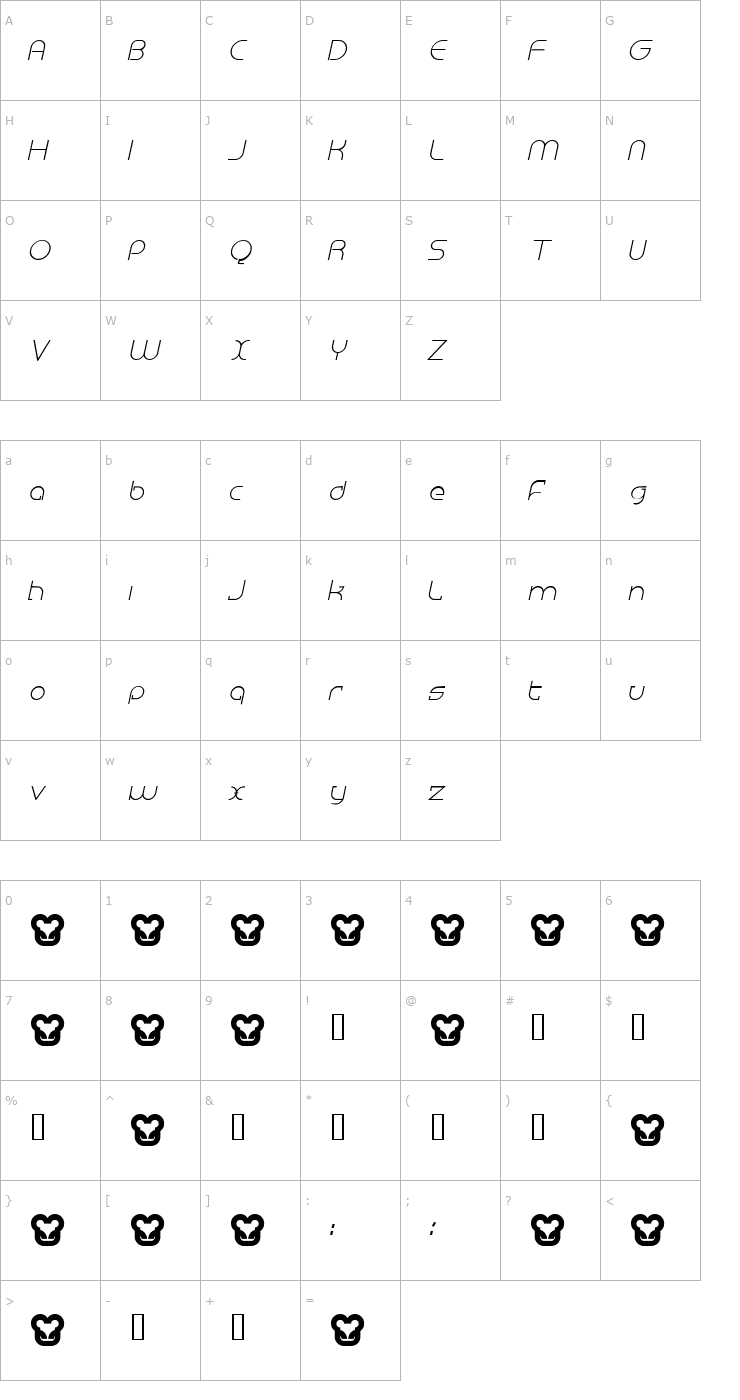 Character Map Megalomania Italic Font