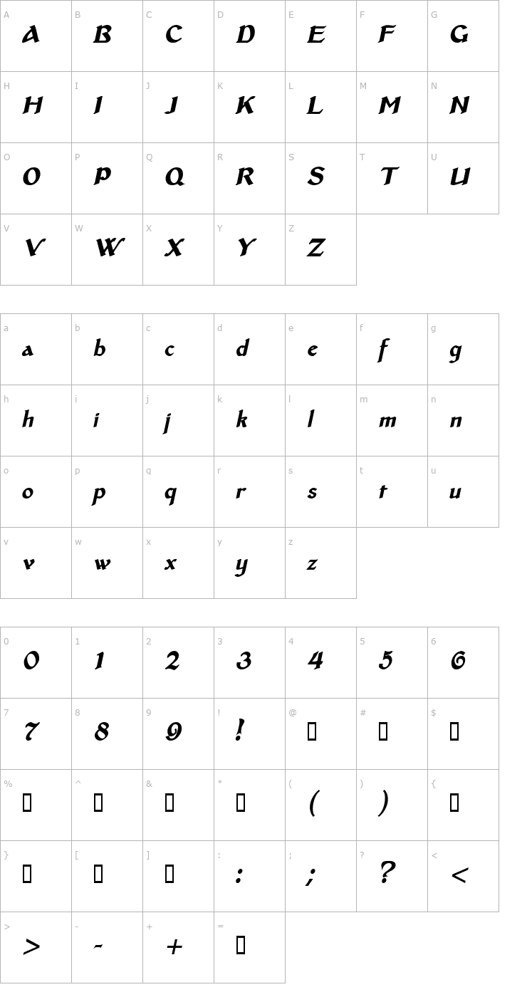 Character Map MiddleAges HeavyItalic Font