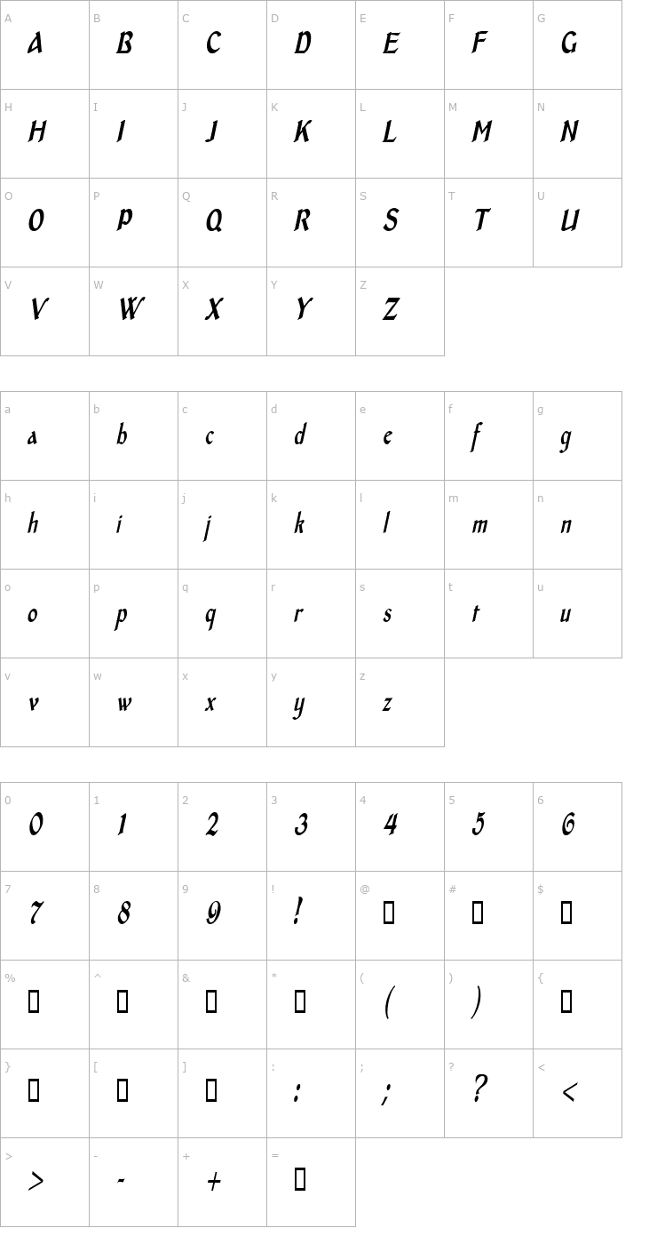 Character Map MiddleAgesCondensed Italic Font